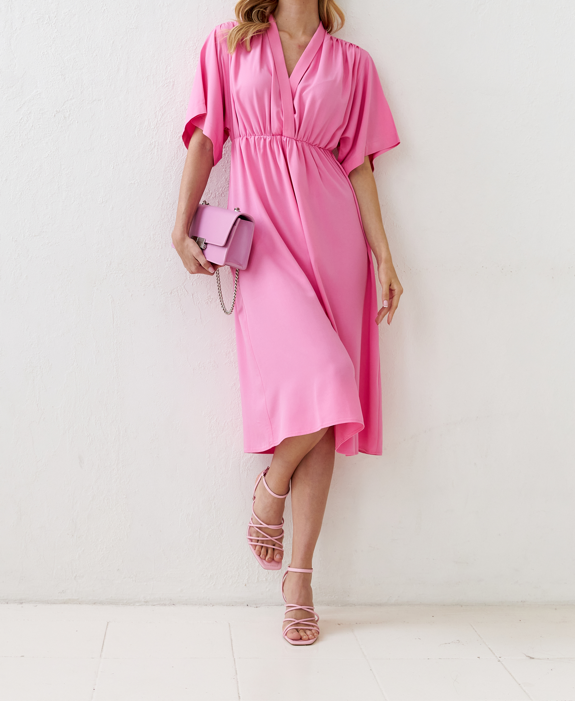 Pink Kimono Sleeve Midi Dress