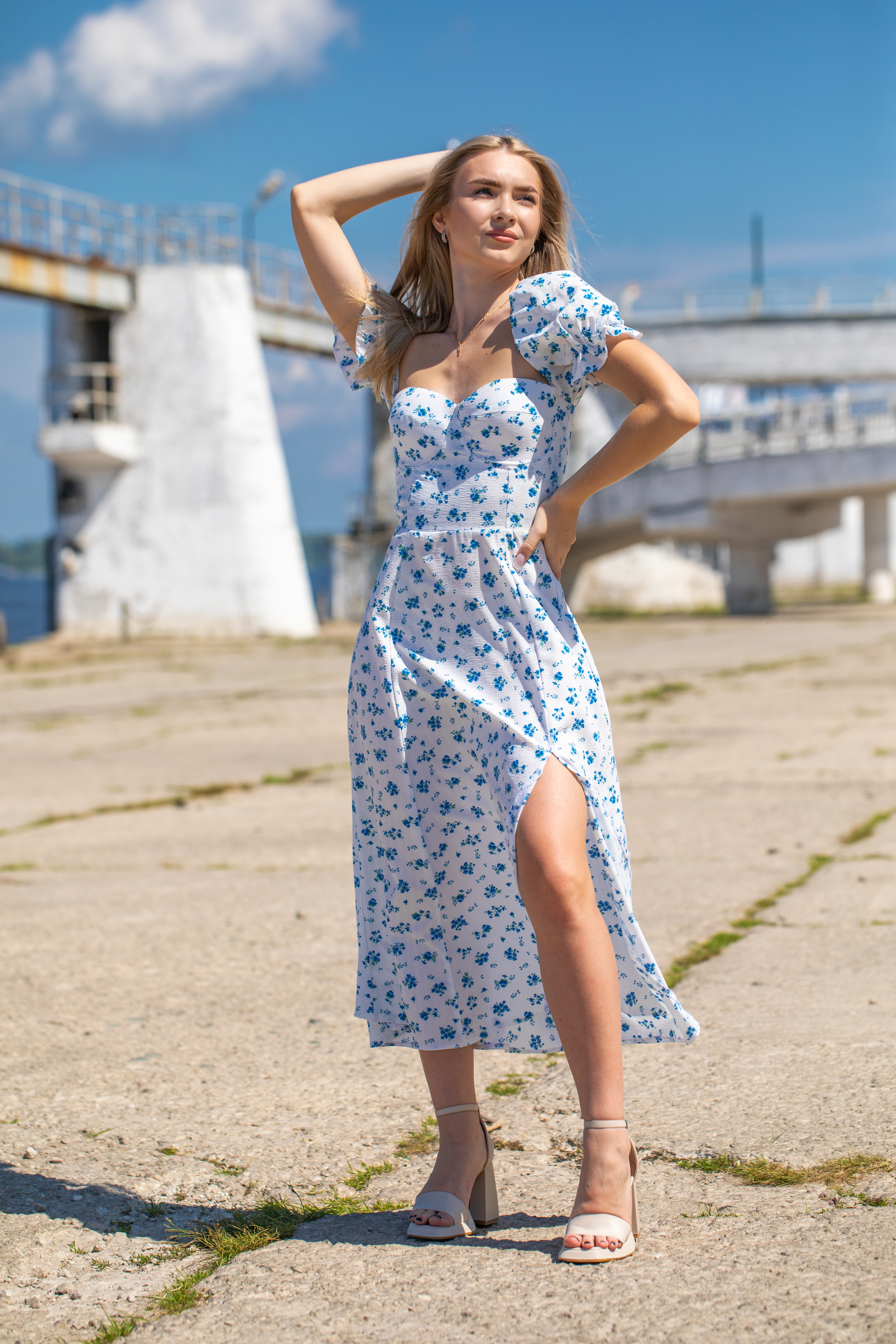 Blue Floral Sweetheart Midi Dress