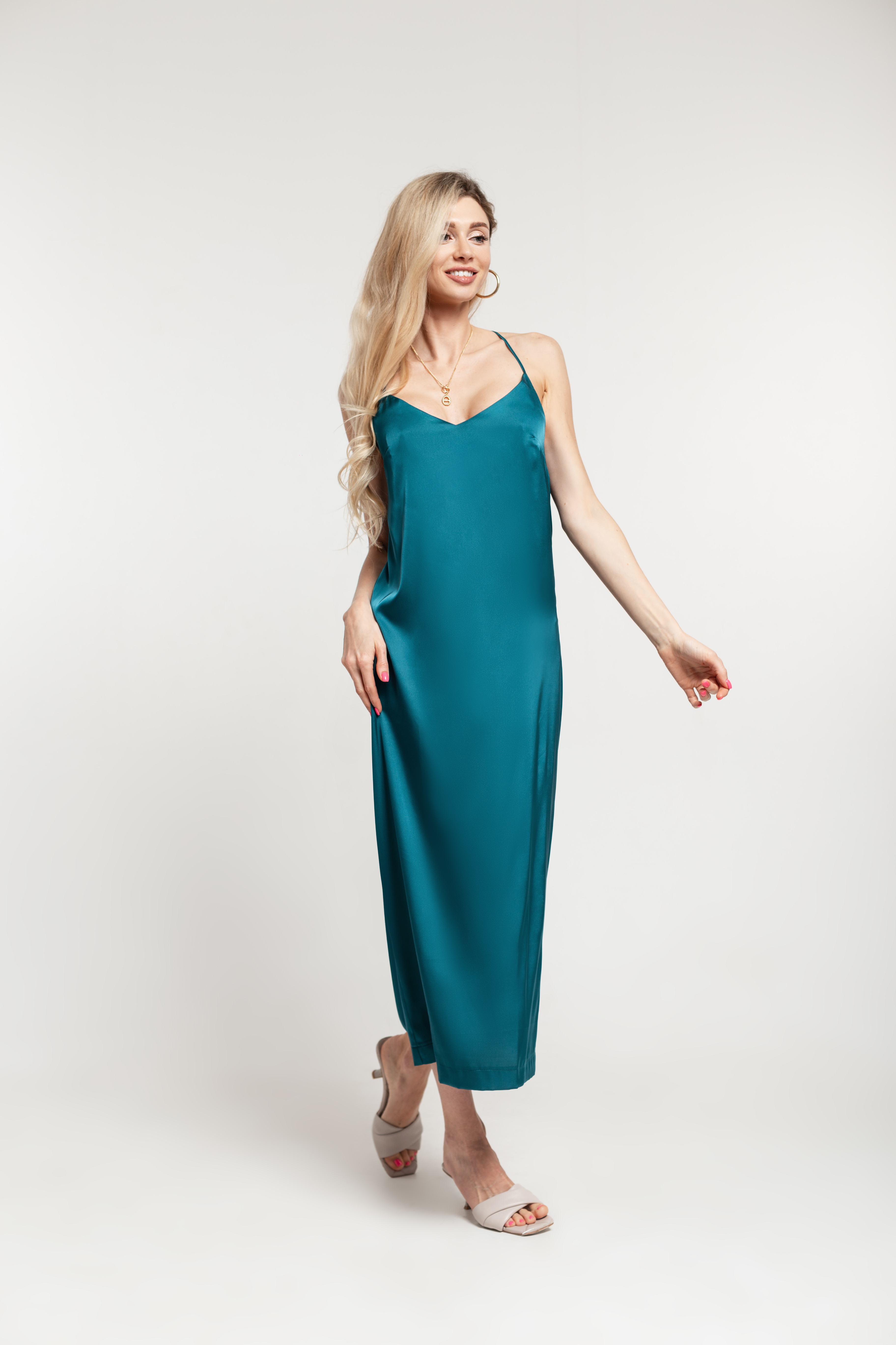 Teal Satin Column Dress